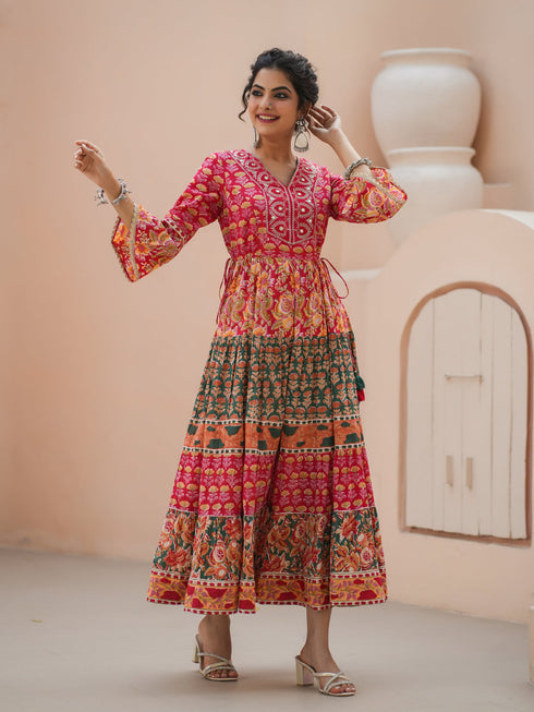 Women Floral Printed Thread Work Anarkali Kurta
